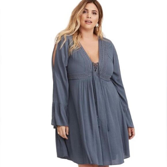 Torrid Women’s Gauze Lace Up Skater Dress In Bering Sea Color Size 2/2X - Picture 1 of 14